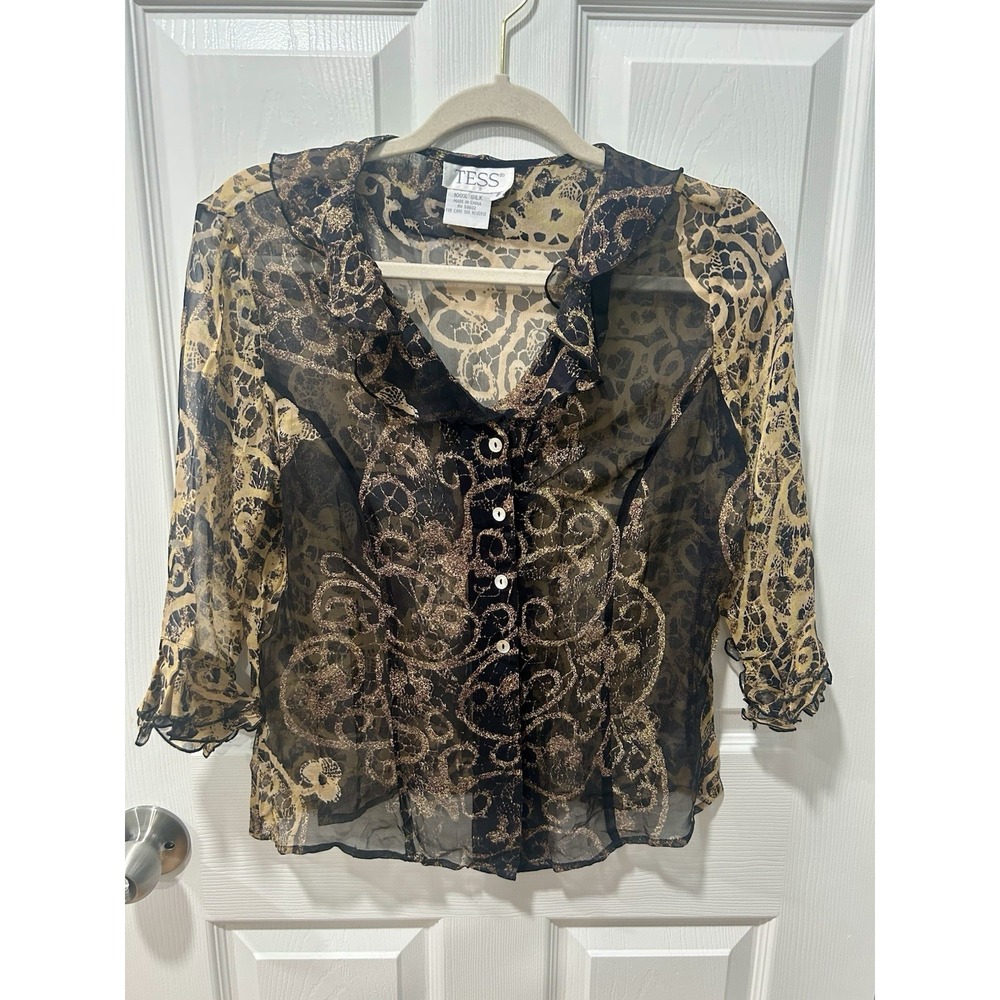 Tess‎ 100% Silk Sheer Blouse Sz 8 Ruffle Neck 3/4 Sleeve Black/Tan